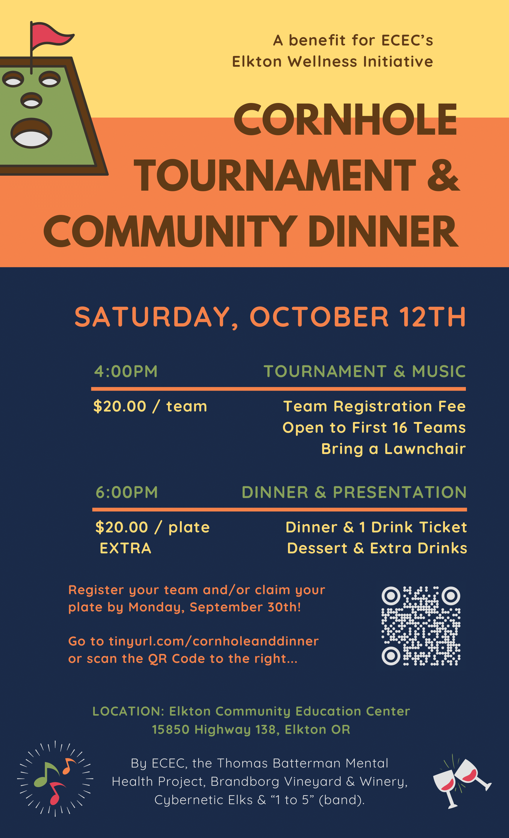 Cornhole Tournament & Community Dinner Fundraiser FLYER